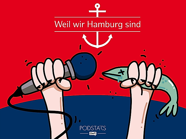 Illustration zum Podcast „Weil wir Hamburg sind“ mit Mikrofon, Fisch und Anker-Logo auf rotem Hintergrund.